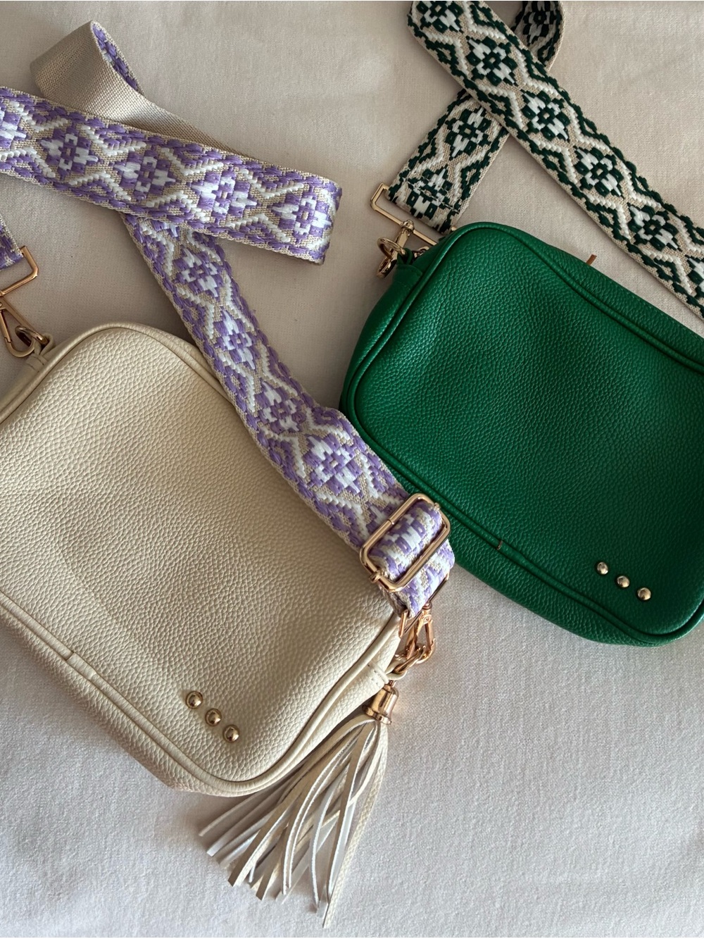 Cream and Green Crossbody Bags with Decorative Straps